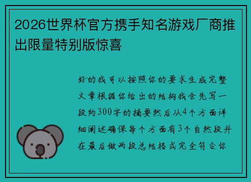2026世界杯官方携手知名游戏厂商推出限量特别版惊喜 2026世界杯官方携手知名游戏厂商推出限量特别版惊喜